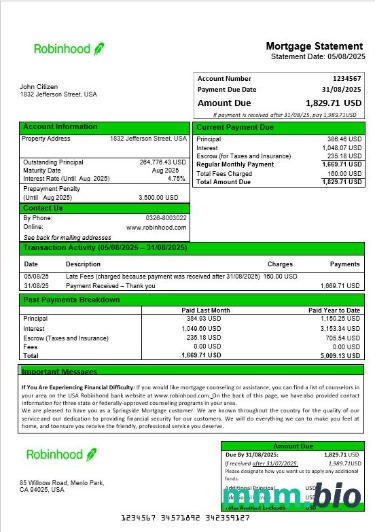 USA Robinhood Bank wyciąg z kredytu hipotecznego w formatach Word i PDF